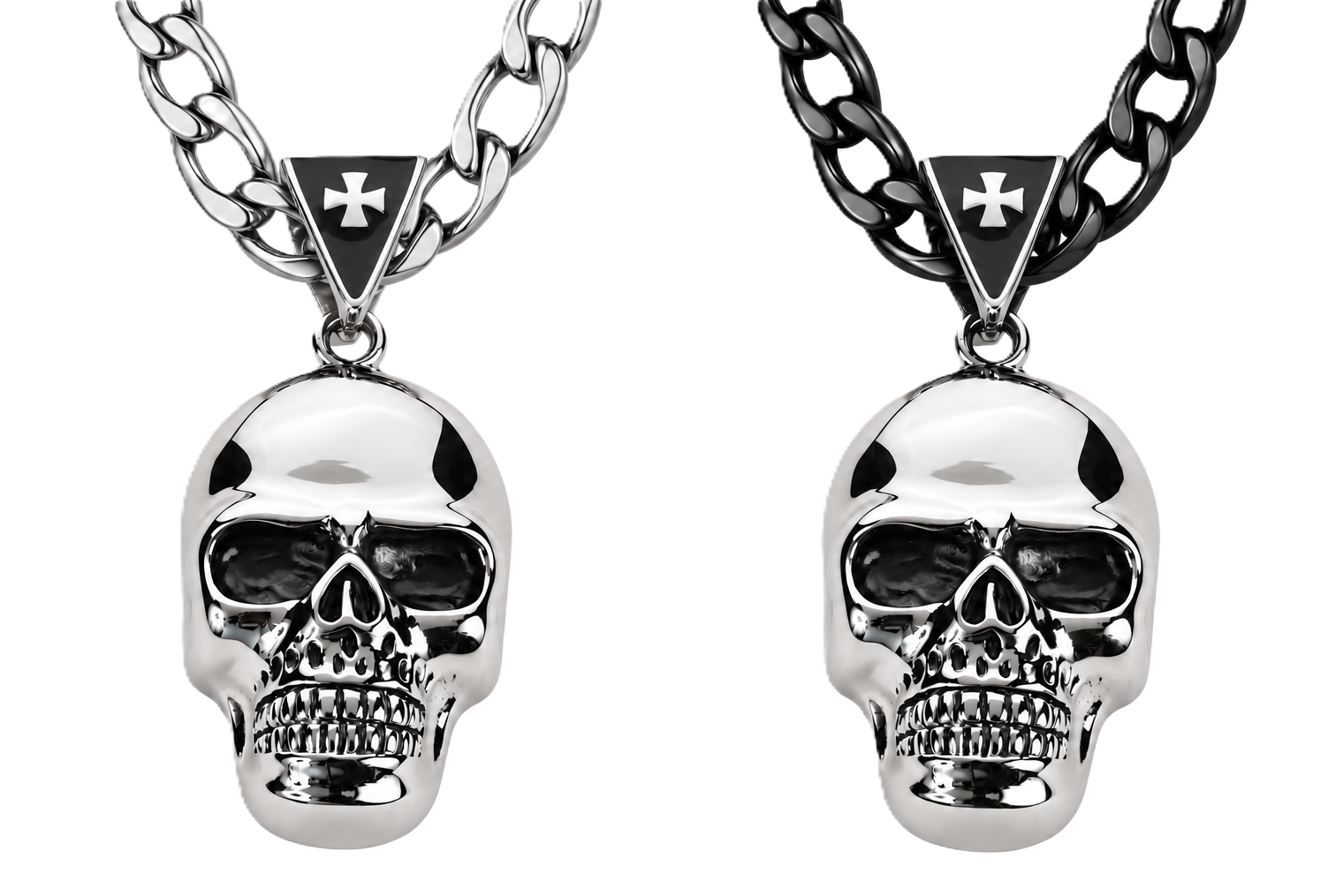 Large Skull Necklace Pendant &amp; Figaro Link Chain Men's Biker Stainless Steel SP72-FIG