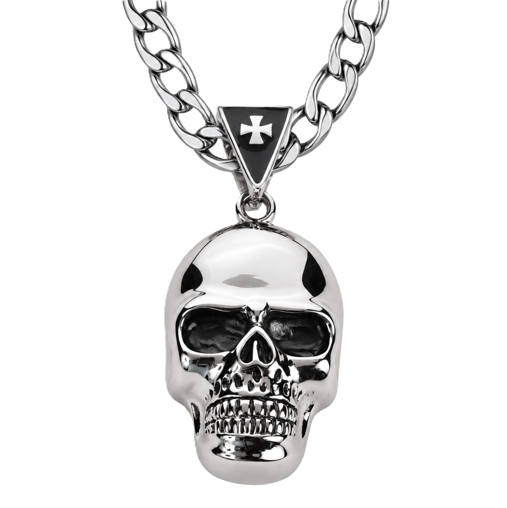 Large Skull Necklace Pendant &amp; Figaro Link Chain Men's Biker Stainless Steel SP72-FIG