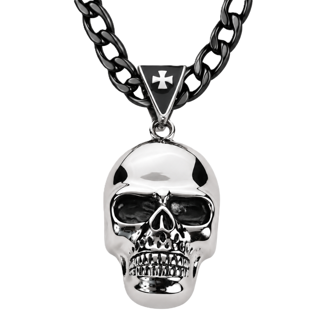 Large Skull Necklace Pendant &amp; Figaro Link Chain Men's Biker Stainless Steel SP72-FIG