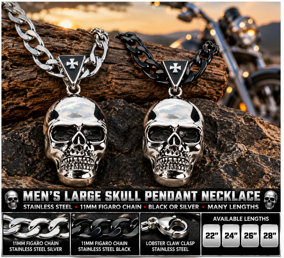 Large Skull Necklace Pendant &amp; Figaro Link Chain Men's Biker Stainless Steel SP72-FIG