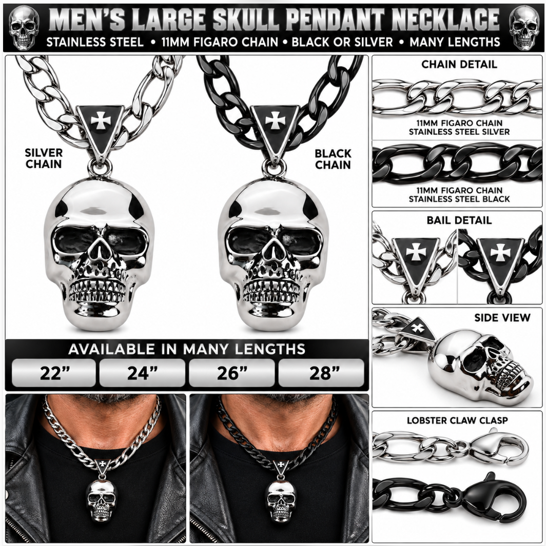 Large Skull Necklace Pendant &amp; Figaro Link Chain Men's Biker Stainless Steel SP72-FIG