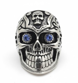 Large Skull Ring Blue Eyes Heavy Biker Gothic Jewelry Men's Stainless - Product Image