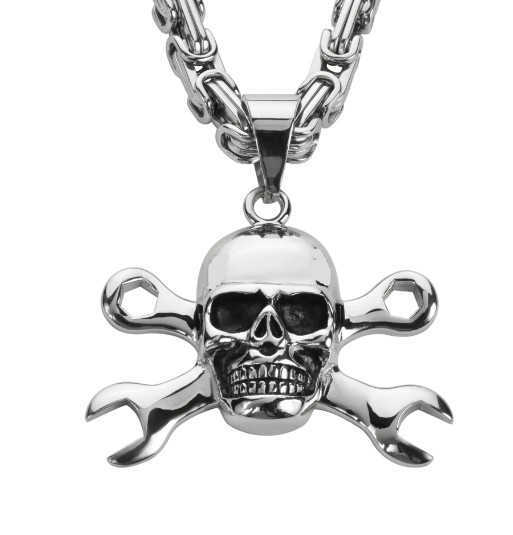 Large Skull & CrossWrenches Pendant Byzantine Chain  