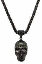Large Stainless Steel Byzantine Necklace and Gunmetal Skull Pendant