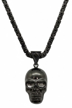 Large Stainless Steel Byzantine Necklace and Gunmetal Skull Pendant - Product Image