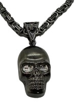 Large Stainless Steel Byzantine Necklace and Gunmetal Skull Pendant