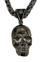 Large Stainless Steel Byzantine Necklace and Gunmetal Skull Pendant