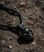 Large Stainless Steel Byzantine Necklace and Gunmetal Skull Pendant