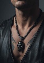 Large Stainless Steel Byzantine Necklace and Gunmetal Skull Pendant