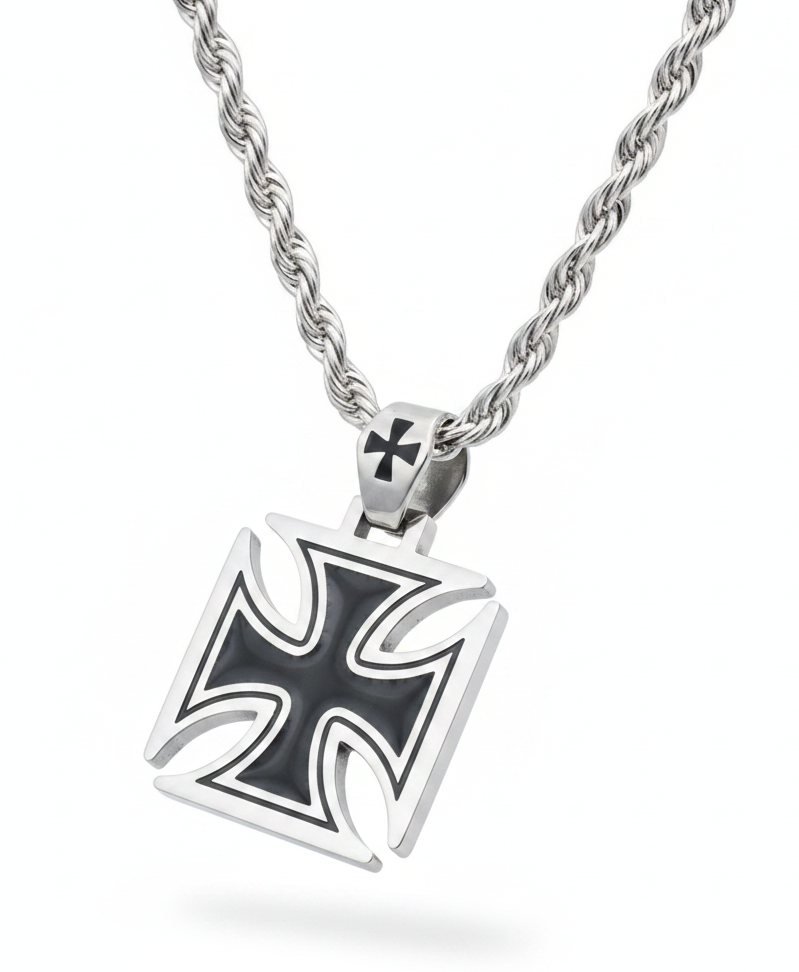 Large Stainless Steel Iron Cross Necklace - Men's Maltese Cross Pendant with 7mm Rope Chain