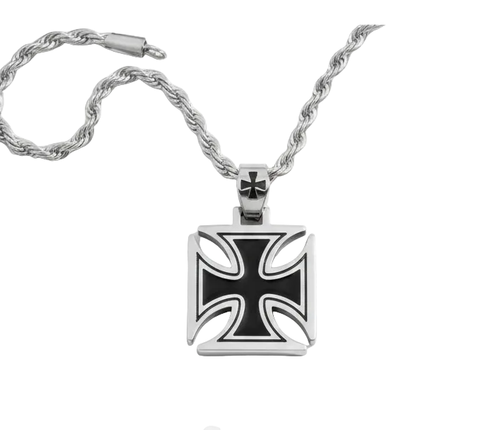Large Stainless Steel Iron Cross Necklace - Men's Maltese Cross Pendant with 7mm Rope Chain
