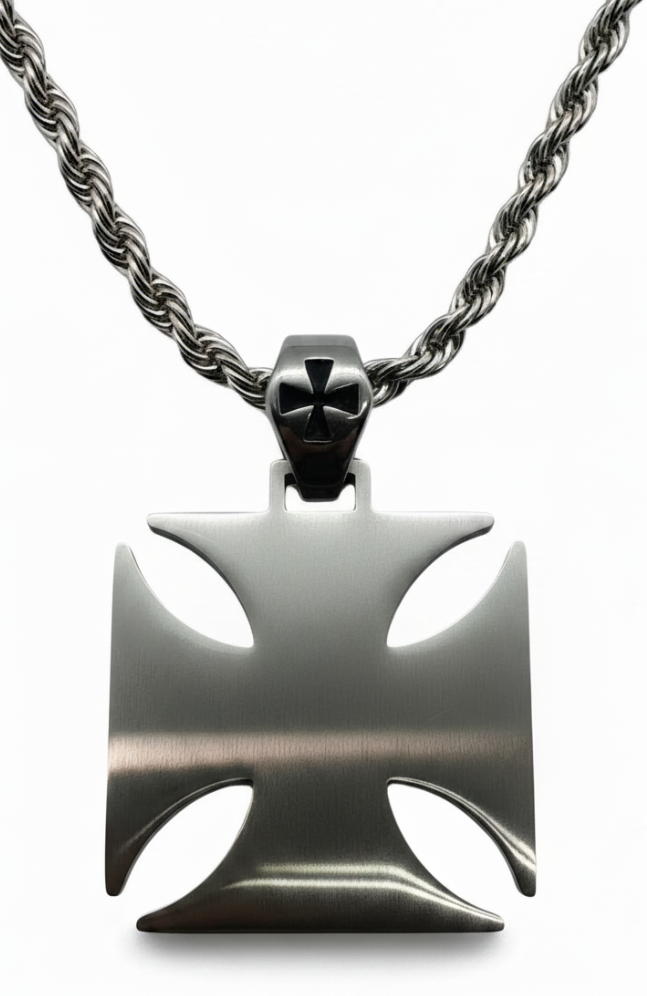 Large Stainless Steel Iron Cross Necklace - Men's Maltese Cross Pendant with 7mm Rope Chain