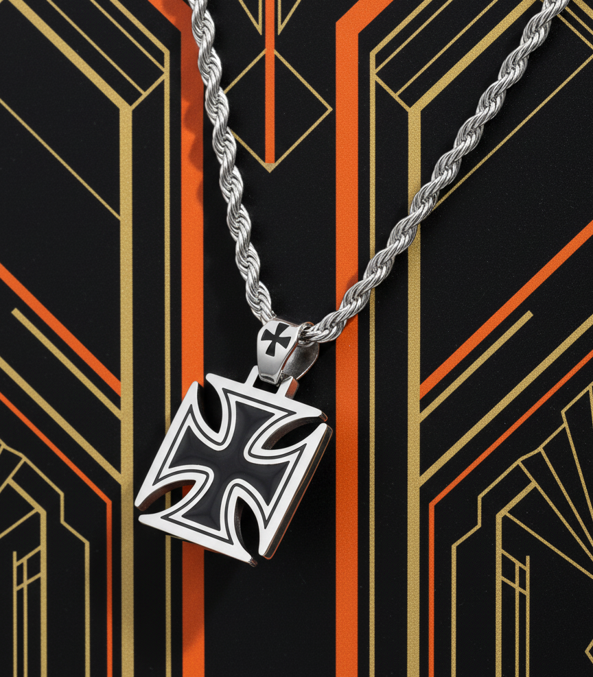 Large Stainless Steel Iron Cross Necklace - Men's Maltese Cross Pendant with 7mm Rope Chain