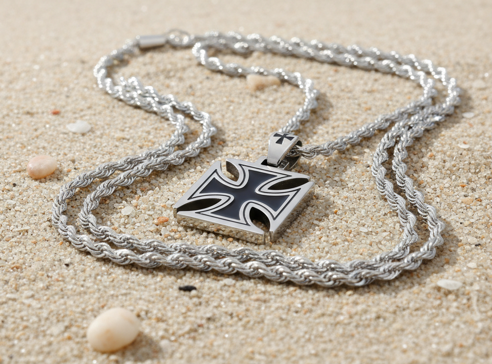 Large Stainless Steel Iron Cross Necklace - Men's Maltese Cross Pendant with 7mm Rope Chain
