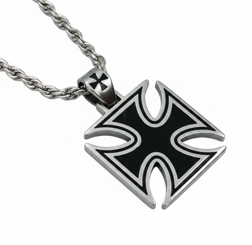 Large Stainless Steel Iron Cross Necklace - Men's Maltese Cross Pendant with 7mm Rope Chain
