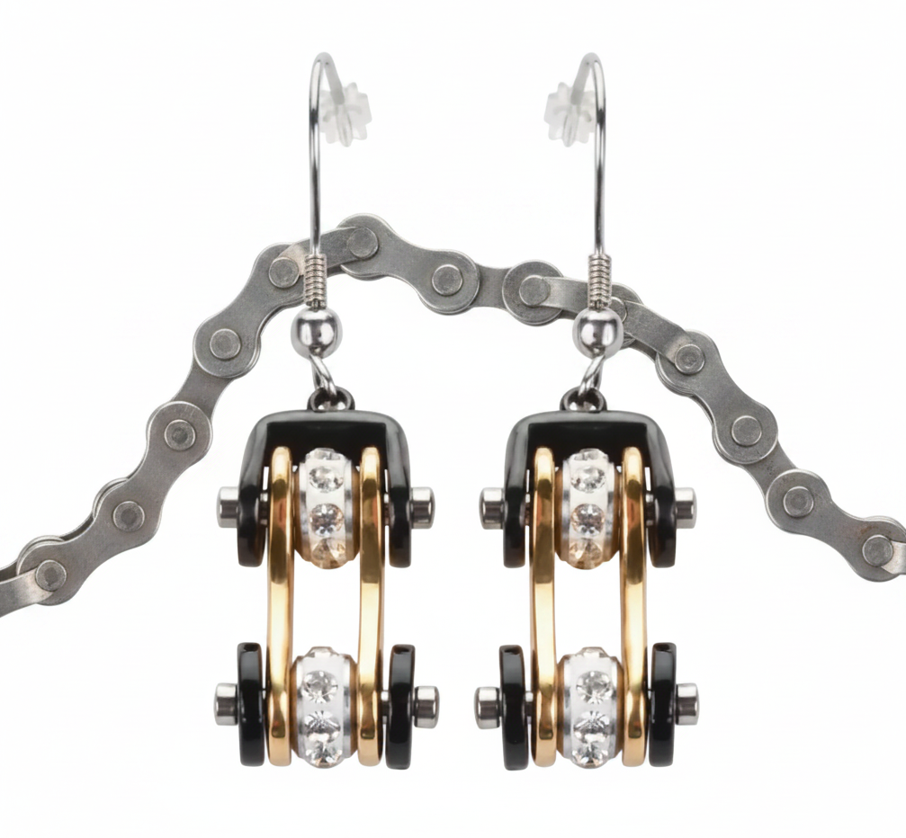 Lg. Black &amp; Gold Bling Bike Chain Dangle Earrings Unisex French Wires Stainless Steel SE41