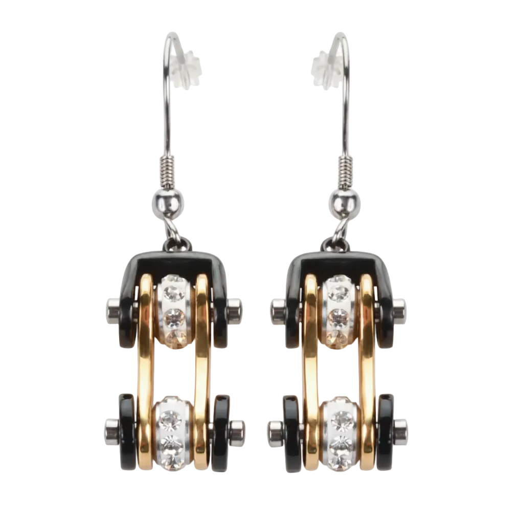 Lg. Black &amp; Gold Bling Bike Chain Dangle Earrings Unisex French Wires Stainless Steel SE41