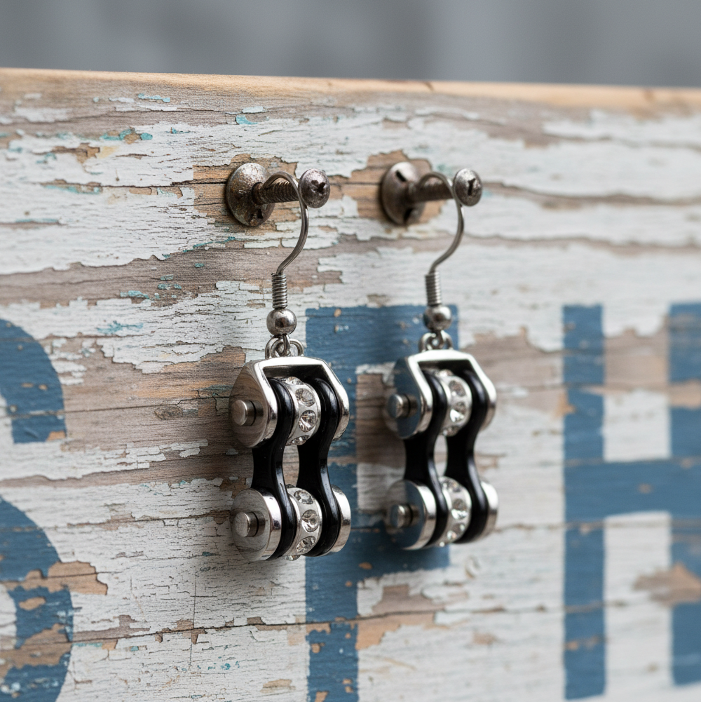 Lg. Silver/Black Bling Bike Chain Dangle Earrings Unisex French Wires Stainless Steel SE44