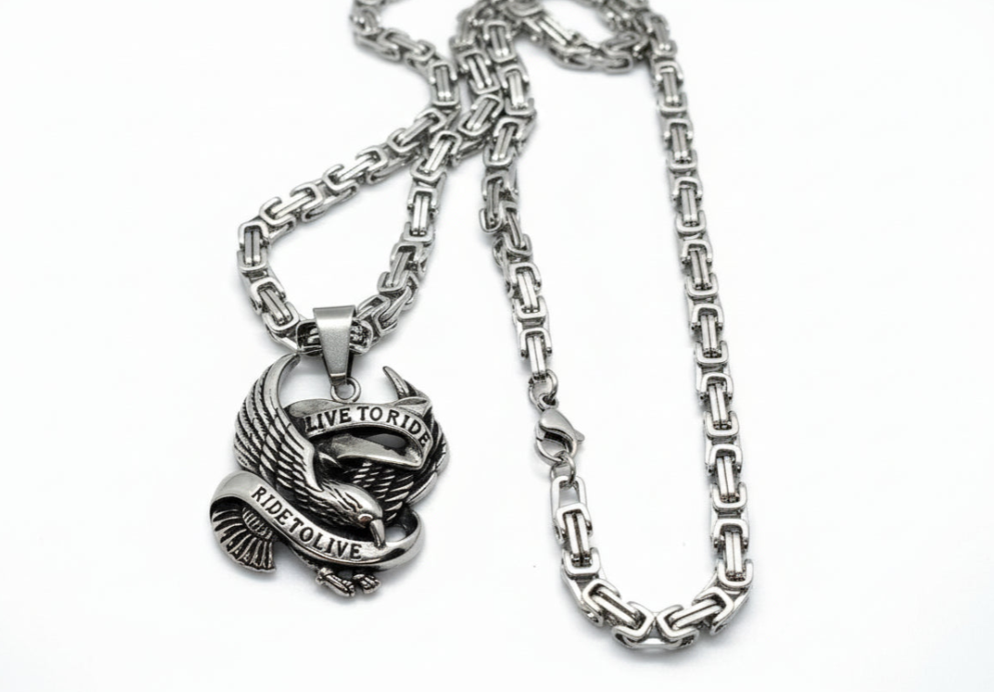 "Live to Ride, Ride to Live" Pendant on 5mm Byzantine Link Chain Biker Necklace - Product Image