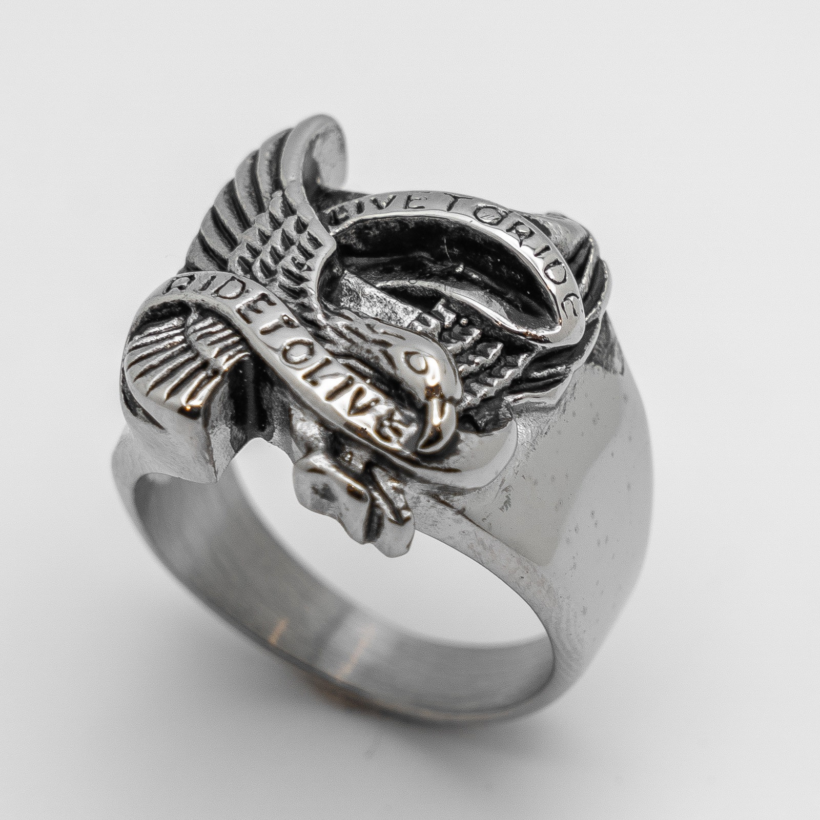 MDream Stainless Steel Biker Ring - Live To Ride / Ride To Live With Eagle Design - Sizes 9-13