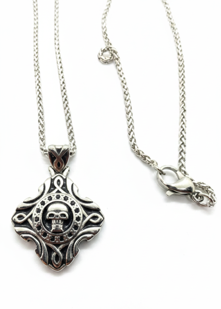 Long Jaw Skull Pendant on 2mm Foxtail Link Chain Unisex Necklace Stainless Steel - Product Image