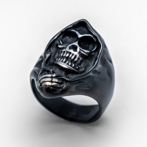 Men's Black & Silver Grim Reaper Ring Biker Two Tone Stainless Steel Ring Sizes 8-15  - Product Image
