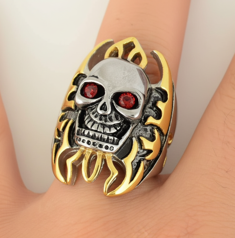 Men's Gold Flames Two Tone Skull Ring Red Eyes Biker Stainless Steel SR229