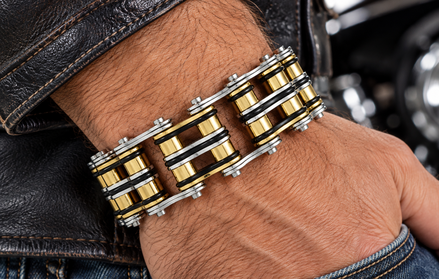 32mm Cuban Chains Cuff Bracelet 3 Rows Lady Biker Stainless Steel
