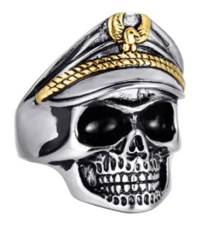 Men's Old School Skull Ring with Biker Cap Two-Tone Stainless Steel Sizes 8-13 - Product Image