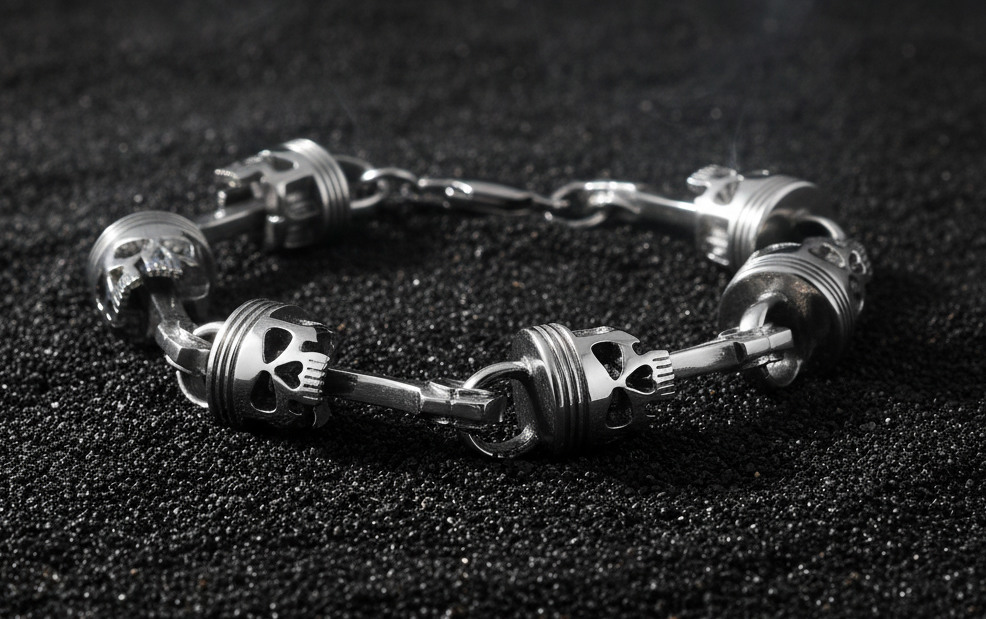 Men's Punisher Piston &amp; Skull Link Bracelet 15mm Biker Stainless Steel 