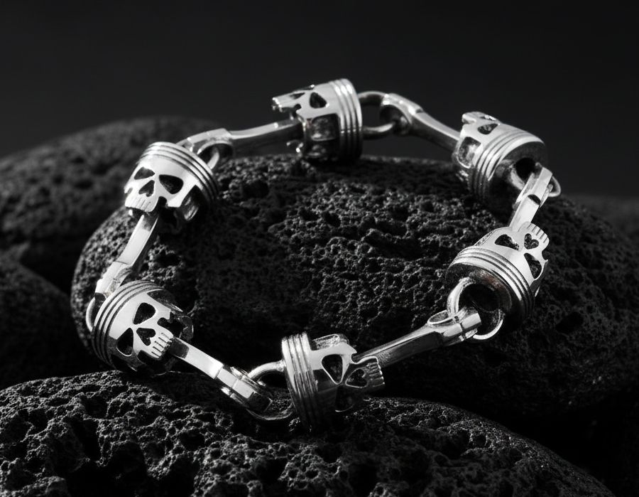 Men's Punisher Piston &amp; Skull Link Bracelet 15mm Biker Stainless Steel 