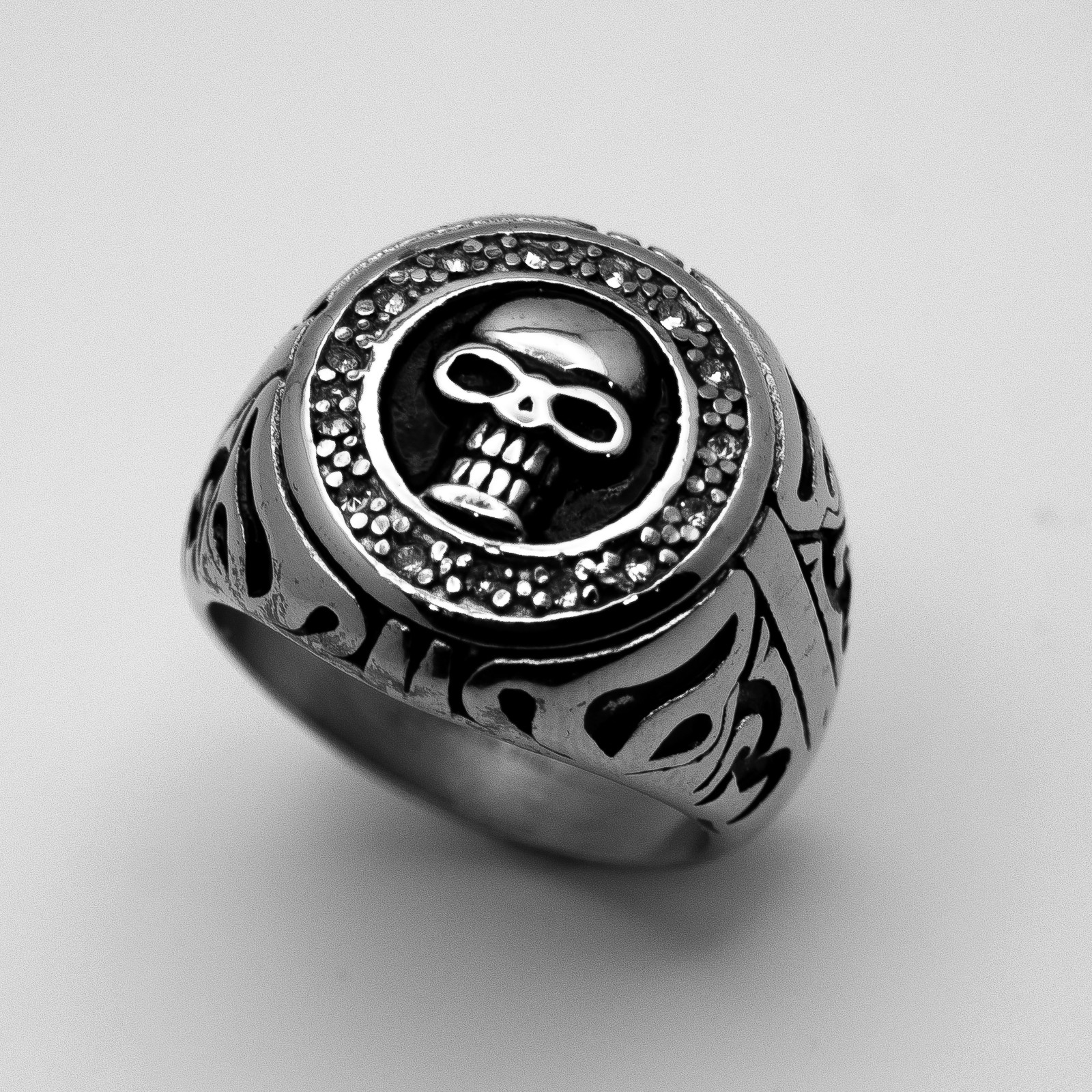 Men's Round Skull Circle Ring with Clear Crystals Stainless Steel Sizes 8 - 16  - Product Image