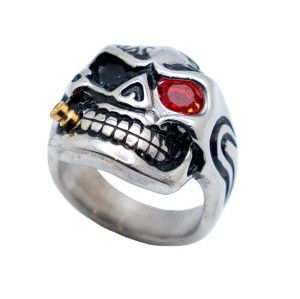 Men's Skull Ring w/Golden Bullet & Red Eye Biker Stainless Steel Sizes 8-15 - Product Image