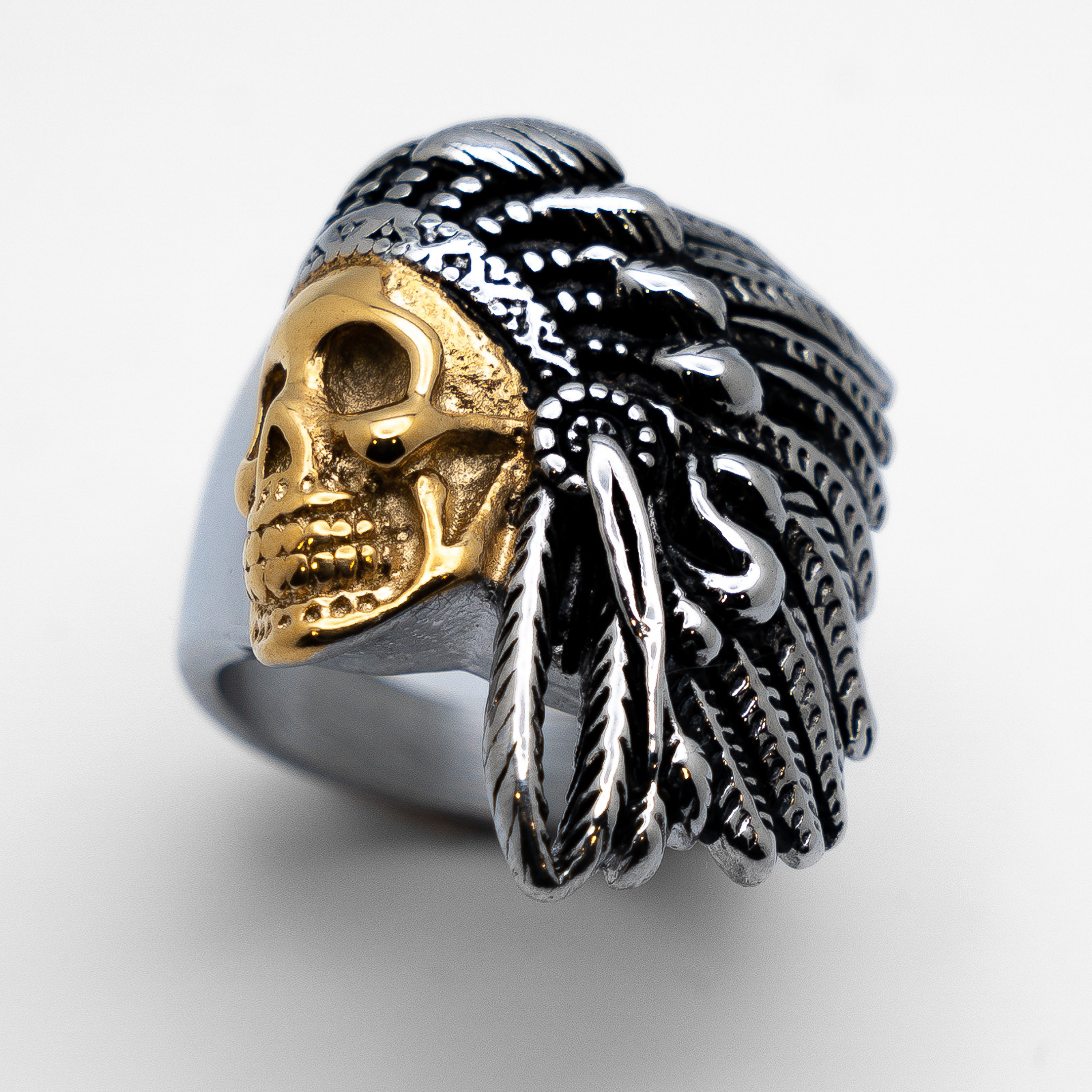 Men's Skull Indian Chief Ring Two Tone Gold Plated Stainless Steel Ring Sizes 8-16 - Product Image