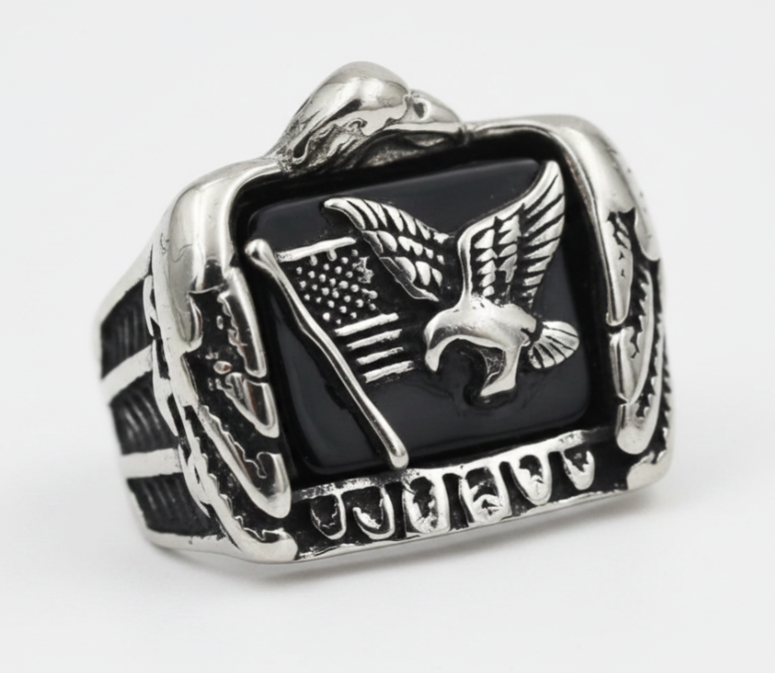 Men's Stainless Steel Patriotic USA Flag &amp; Eagle Ring