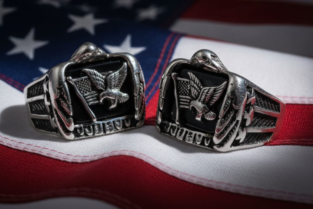 Men's Stainless Steel Patriotic USA Flag &amp; Eagle Ring