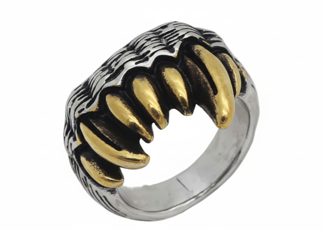 Men's Vampire Fang Ring Gold Edition Gold-Plated Stainless Gothic Biker Ring Sizes 8 - 14