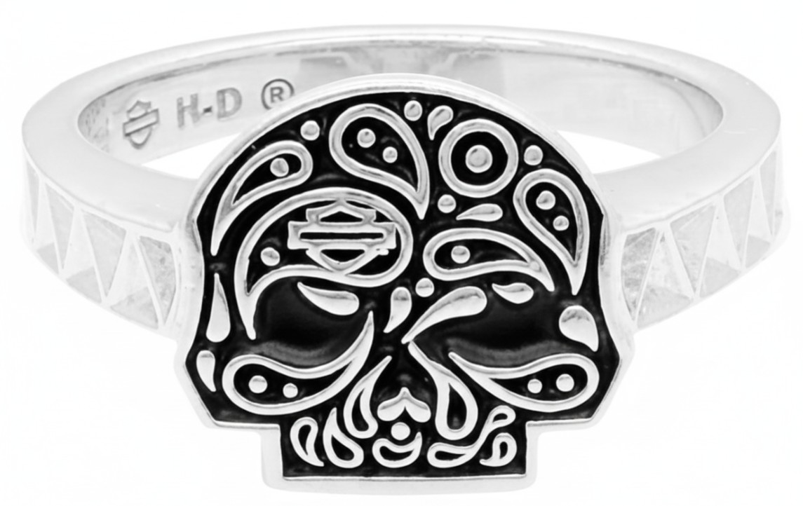Harley-Davidson&reg; Paisley Sugar Skull B&S Logo Ring Sterling SilverHDR0418  - Product Image