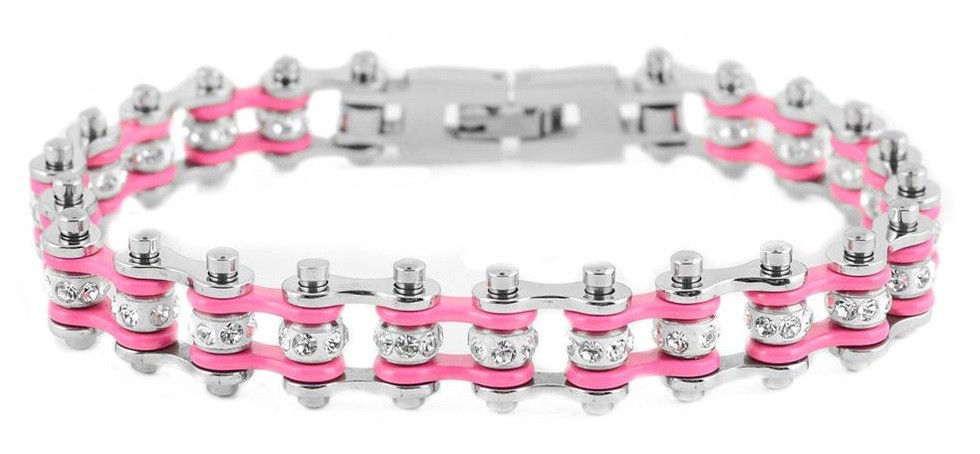 Motorcycle Bike Chain Women's Bracelet Chrome and Pink 