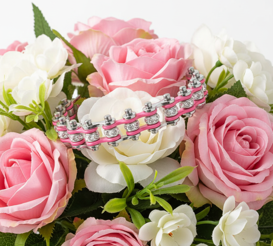 Motorcycle Bike Chain Women's Bracelet Chrome and Pink 