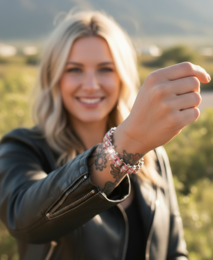 Motorcycle Bike Chain Women's Bracelet Chrome and Pink 