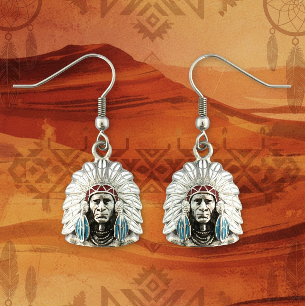 Painted Indian Headdress Dangle Earrings Stainless Steel SE43