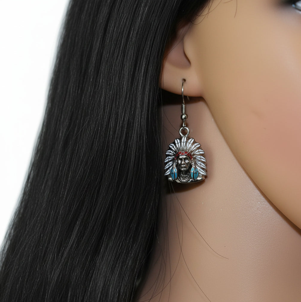 Painted Indian Headdress Dangle Earrings Stainless Steel SE43