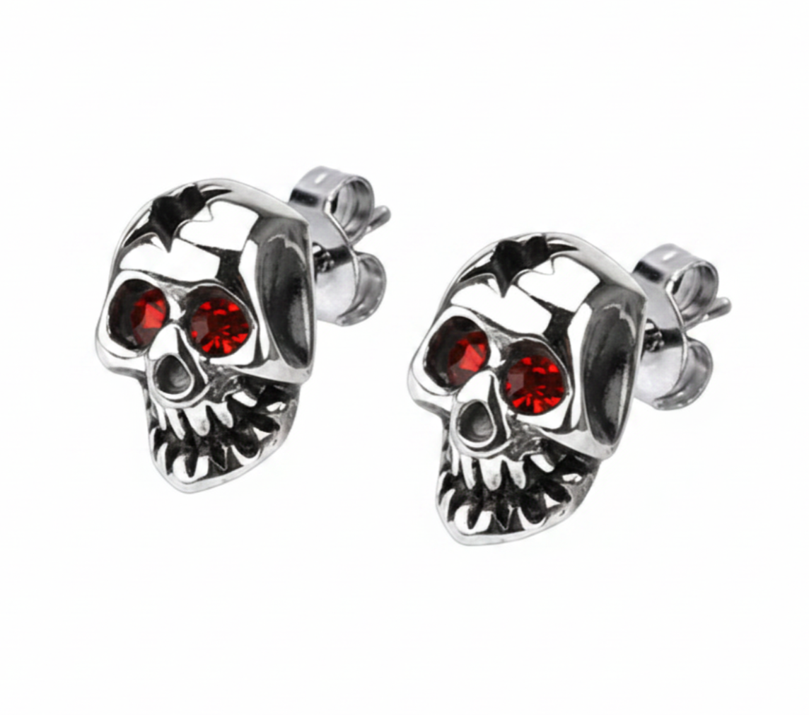 Red Eyed Skull Post Earrings Unisex Stainless Steel SE8