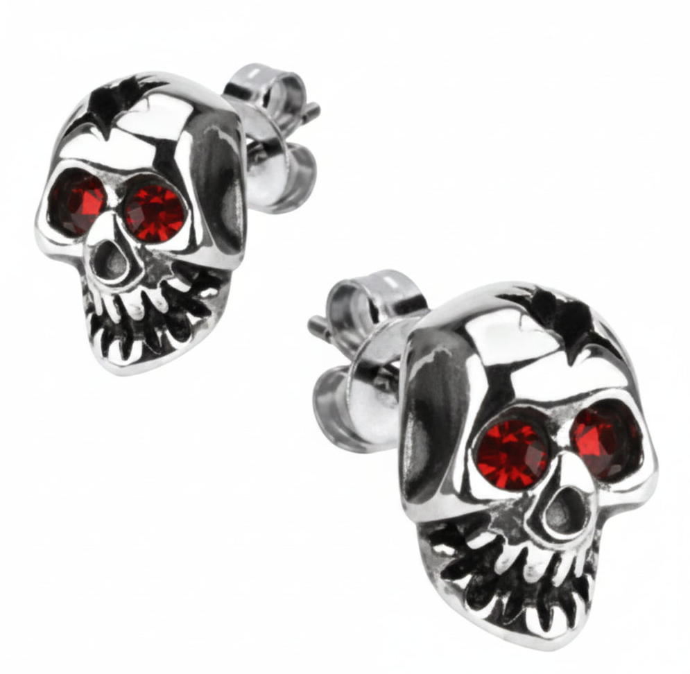 Red Eyed Skull Post Earrings Unisex Stainless Steel SE8