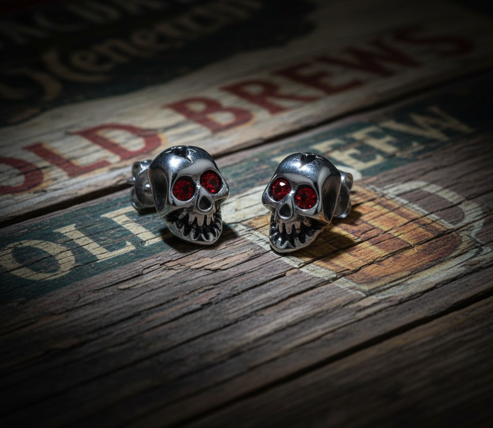 Red Eyed Skull Post Earrings Unisex Stainless Steel SE8