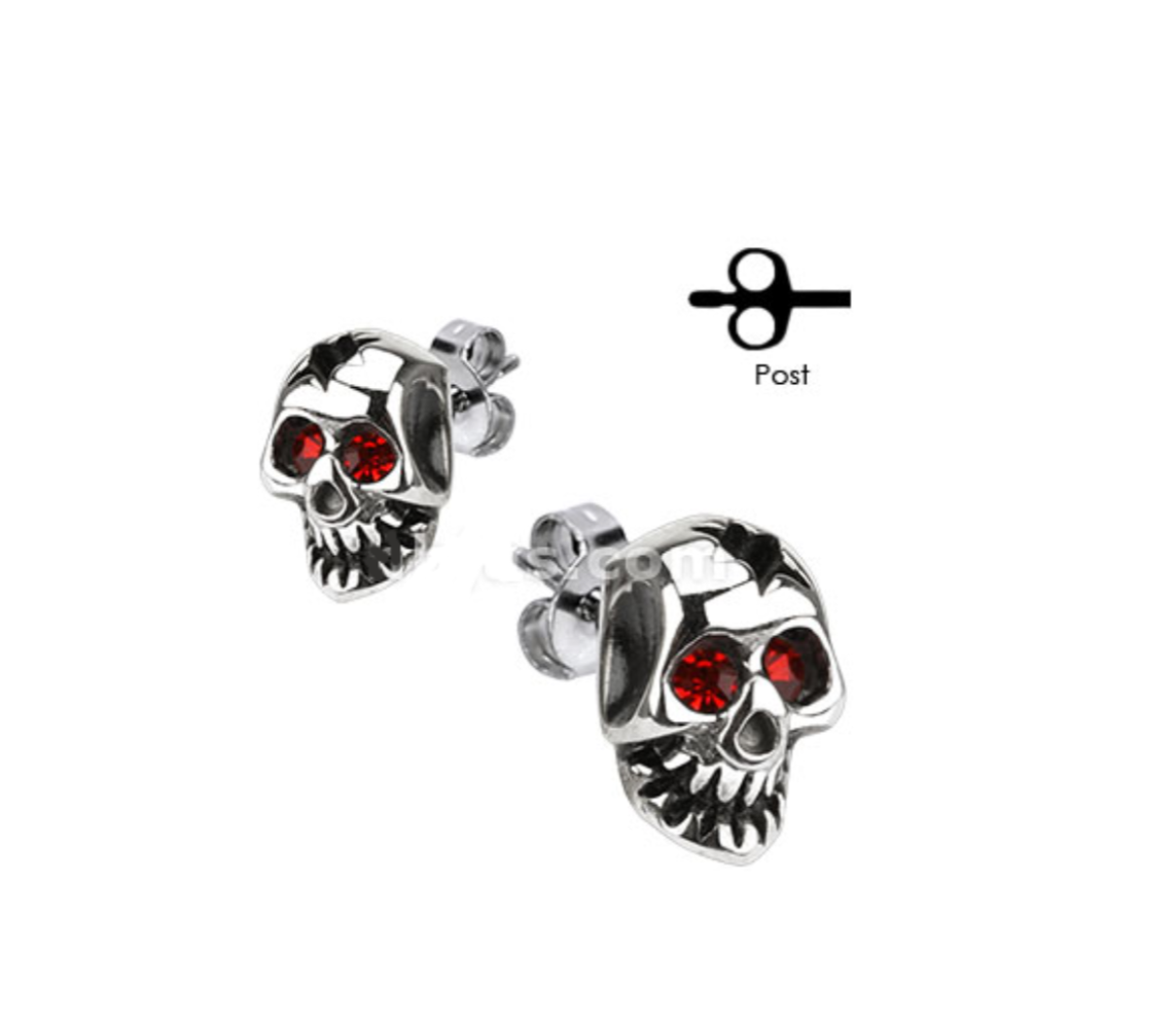 Red Eyed Skull Post Earrings Unisex Stainless Steel SE8