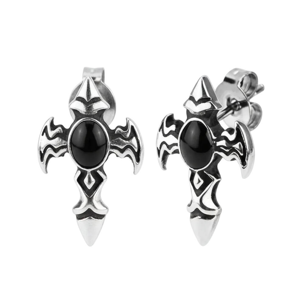 Religious Cross Post Earrings Black Stone Unisex Stainless Steel 
