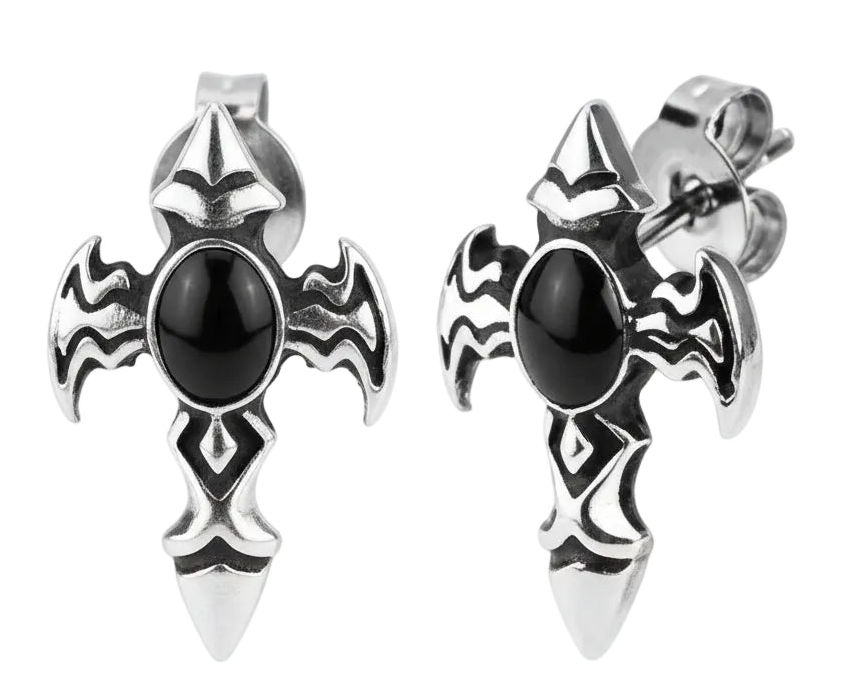Religious Cross Post Earrings Black Stone Unisex Stainless Steel 