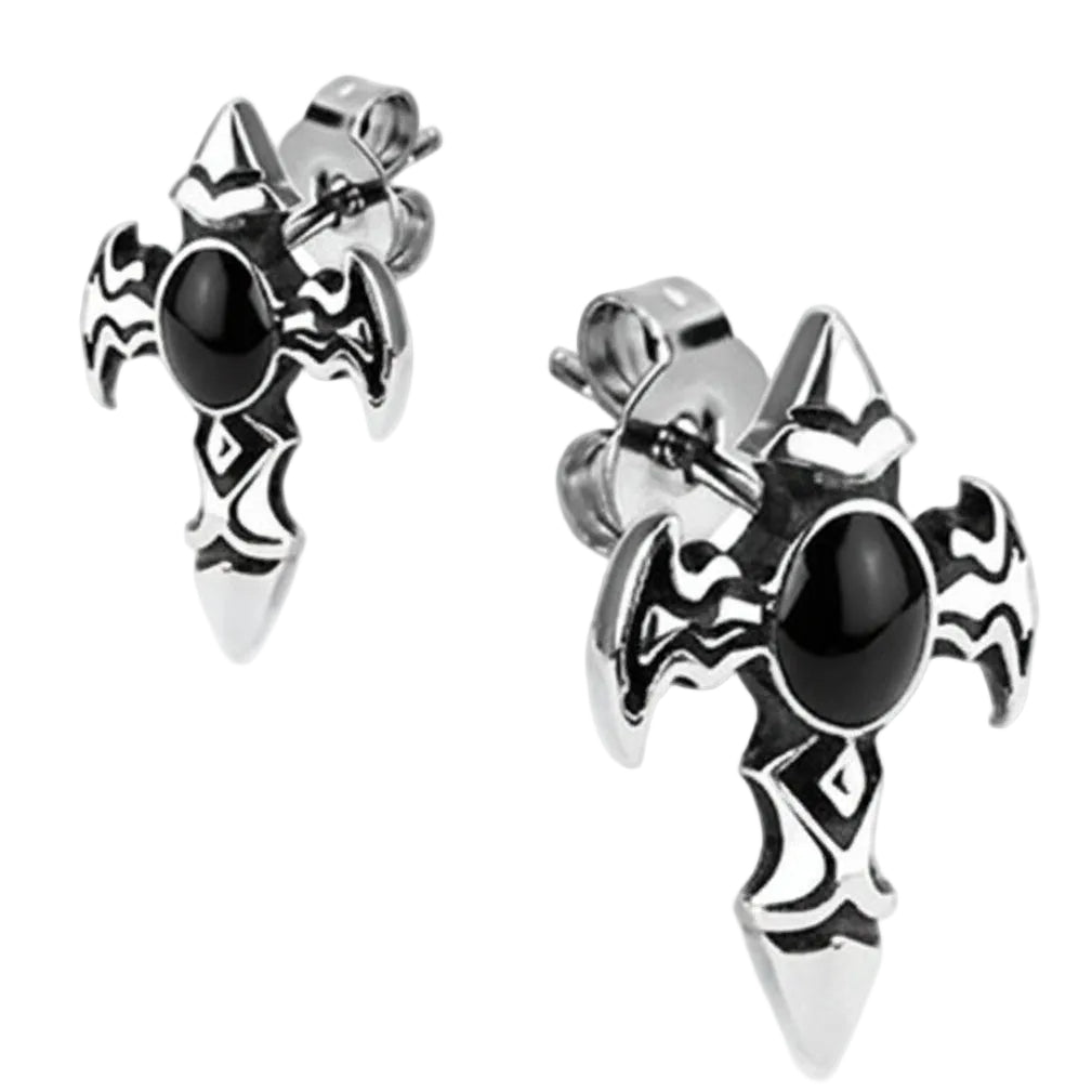 Religious Cross Post Earrings Black Stone Unisex Stainless Steel 
